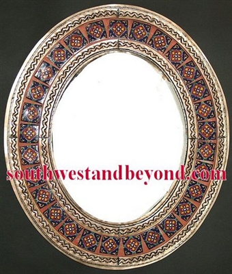 33453-c19 Mexican Oval Tin Framed Mirror with Talavera Tiles - Copper