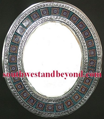 33453-s11 Mexican Oval Tin Framed Mirror with Talavera Tiles - Silver