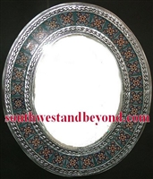 Mexican oval tin framed mirror with talavera tiles - silver color