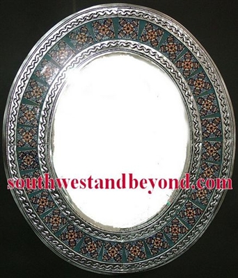 33453-s13 Mexican Oval Tin Framed Mirror with Talavera Tiles - Silver