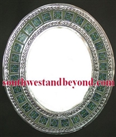 Mexican oval tin framed mirror with talvera tiles - silver color