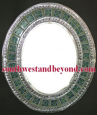 33453-s17 Mexican Oval Tin Framed Mirror with Talavera Tiles - Silver