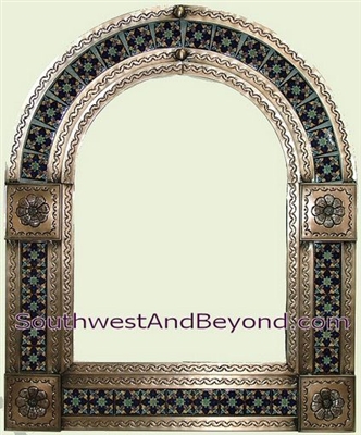 Mexican arched tin framed mirror with talavera tiles - coffee cream color