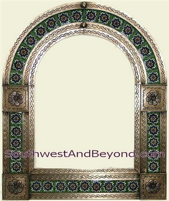 Mexican arched tin framed mirror with talavera tiles - coffee cream color