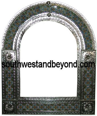 33454-S01  Mexican Arched Tin Mirror with Talavera Tiles - Silver