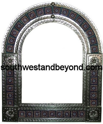 Mexican arched tin framed mirror with talavera tiles - silver
