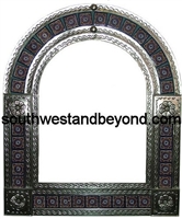 Arched tin framed hand hammered mirror with talavara tiles - silver