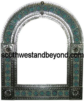 33454-S05  Mexican Arched Tin Framed Mirror with Talavera Tiles - Silver