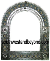 Arched tin framed hand hammered mirror with talavera tiles - silver