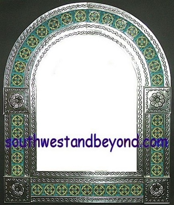 Arched tin framed hand hammered mirror with talavera tiles - silver