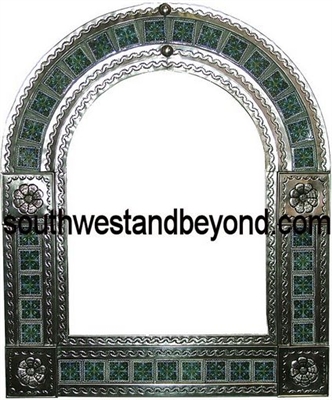 33454-S10  Mexican Arched Tin Framed Mirror with Talavera Tiles - Silver