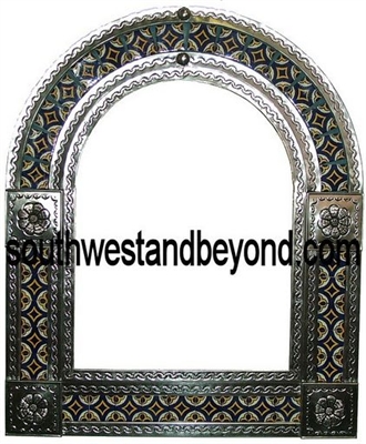 33454-S11  Mexican Arched Tin Framed Mirror with Talavera Tiles - Silver