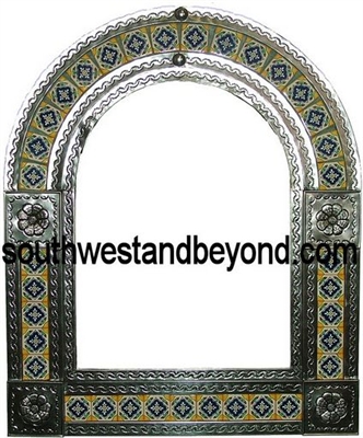 33454-S12  Mexican Arched Tin Framed Miroor with Talavera Tiles - Silver