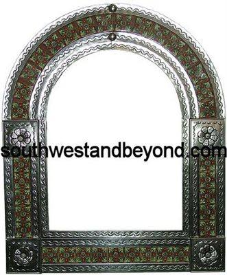 33454-S13 Mexican Arched Tin Framed Mirror with Talavera Tiles - Silver