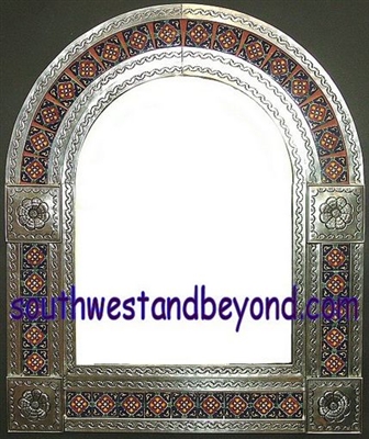 33454-S14 Mexican Tin Framed Mirror with Talavera Tiles - Silver