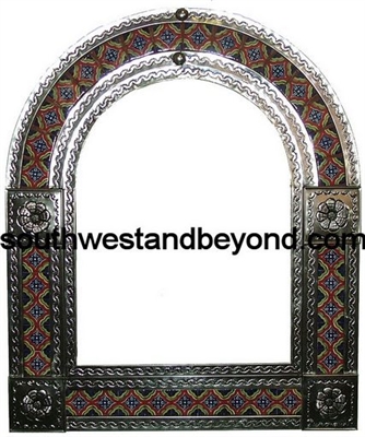33454-S15 Mexican Arched Tin Framed Mirror with Talavera Tiles - Silver