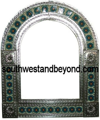 arched tin framed hand hammered mirror with talavera tiles - silver