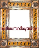 rectangular 21"x25" tin framed hand hammered mirror with talavera tiles - copper color
