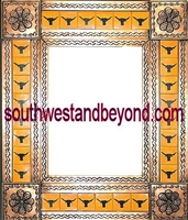 rectangular 21"x25" tin framed hand hammered mirror with talavera tiles - copper color