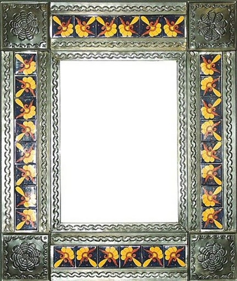rectangular 21"x25" tin framed hand hammered mirror with talavera tiles - oxidized color