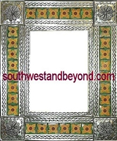 rectangular 21"x25" tin framed hand hammered mirror with talavera tiles - silver color