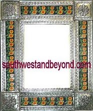 rectangular 21"x25" tin framed hand hammered mirror with talavera tiles - silver color