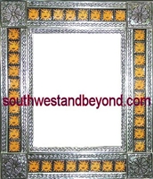 rectangular tin framed hand hammered 29"x25" mirror with talavera tiles - silver color