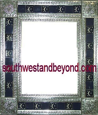 rectangular tin framed hand hammered 29"x25" mirror with talavera tiles - silver color