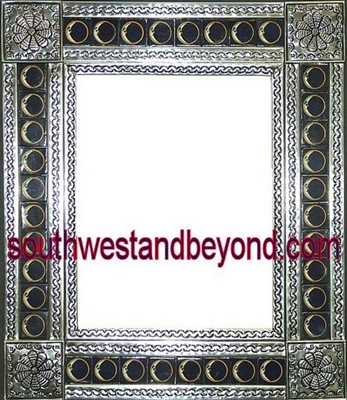 33464-S021 Flower Corner Talavera Tiled Silver Color Tin Frame Mirror