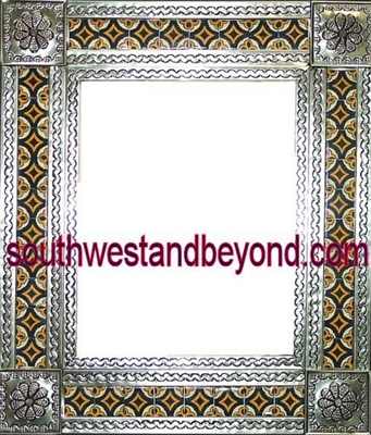 33464-S032 Flower Corner Talavera Tiled Silver Color Tin Frame Mirror