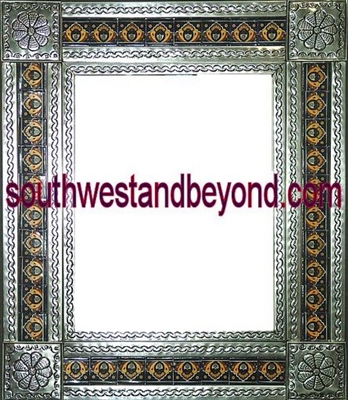 33464-S058 Flower Corner Talavera Tiled Silver Color Tin Frame Mirror