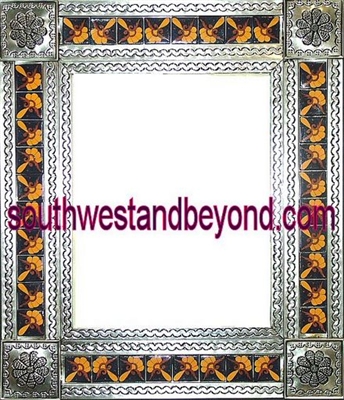 33464-S060 Flower Corner Talavera Tiled Silver Color Tin Frame Mirror