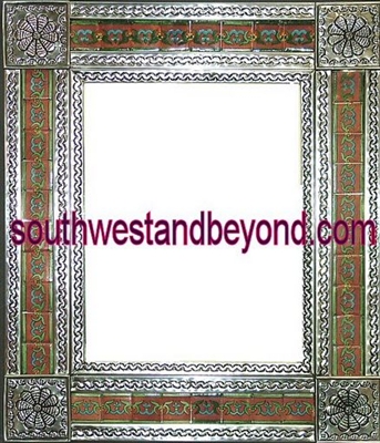 33464-S106 Flower Corner Talavera Tiled Silver Color Tin Frame Mirror