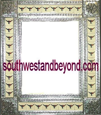 33464-S134 Flower Corner Talavera Tiled Silver Color Tin Frame Mirror