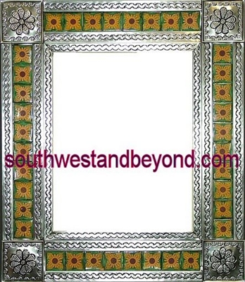 33464-S162 Flower Corner Talavera Tiled Silver Color Tin Frame Mirror