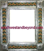rectangular tin framed hand hammered mirror with talavera tiles - silver