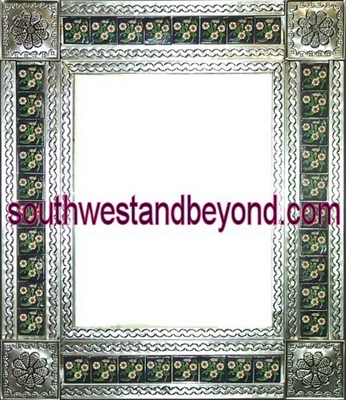 33464-S192 Flower Corner Talavera Tiled Silver Color Tin Frame Mirror