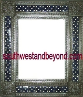 rectangular tin framed hand hammered 29"x25" mirror with talavera tiles - oxidized color