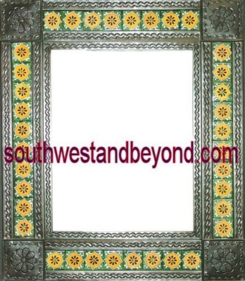 rectangular tin framed hand hammered 29"x25" mirror with talavera tiles - oxidized color