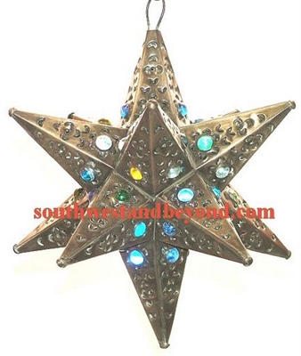 33534-A 12" Mexican Hanging Tin Star Light 12Pt Marbled Glass