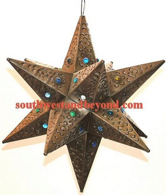 33534-B 16" Mexican Hanging Tin Star Light 12Pt Marbled Glass