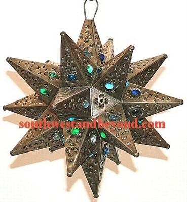 33537-A 12" Mexican Hanging Tin Star Light 18Pt Marbled Glass