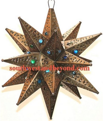 33537-B 16" Mexican Hanging Tin Star Light 18Pt Marbled Glass