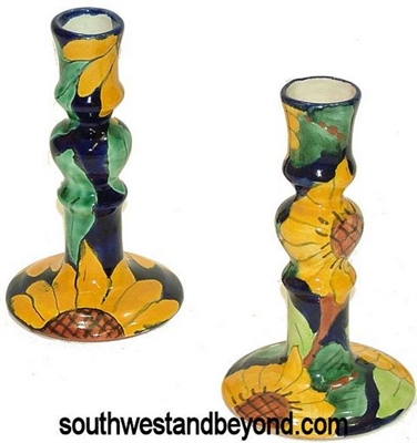 80355-E Talavera Candle Holders 2pc Set - Sunflower Design