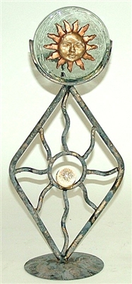 01-954-B Sun Face Candle Holder Iron and Glass Art Work - Blue Color