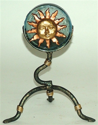 01-971-B Sun Face Candle Holder Iron and Glass Art Work - Blue Color