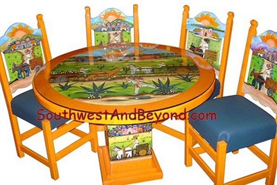 01a - Pueblo Design Table Set Hand Carved Painted - 033