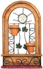 Rustic Arched Window Frame Wall Decor with terra cotta flower pots