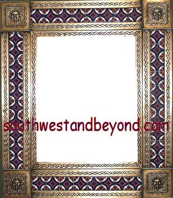 tin framed hand hammered 29"x25" mirror with talavera tiles - coffee cream color