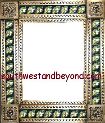 tin framed hand hammered 29"x25" mirror with talavera tiles - coffee cream color